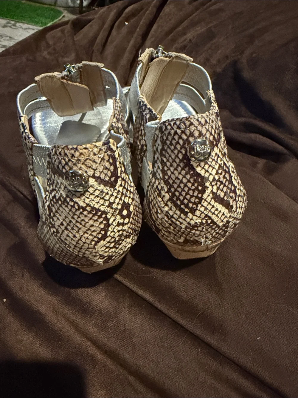 Donald J. Pliner Silver Sandals with Brown Snake-Print Straps
